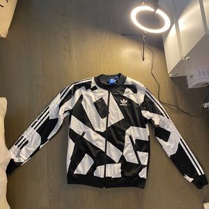 White and black color block adidas track zip up